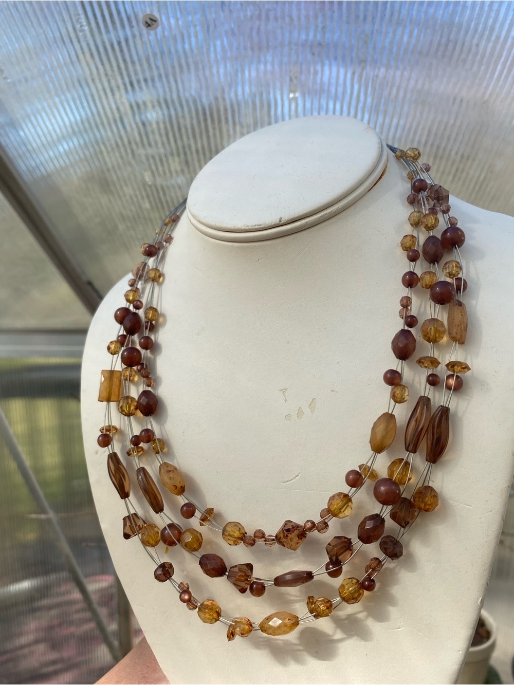 Multi-Strand Amber & Brown Plastic Beaded Necklace